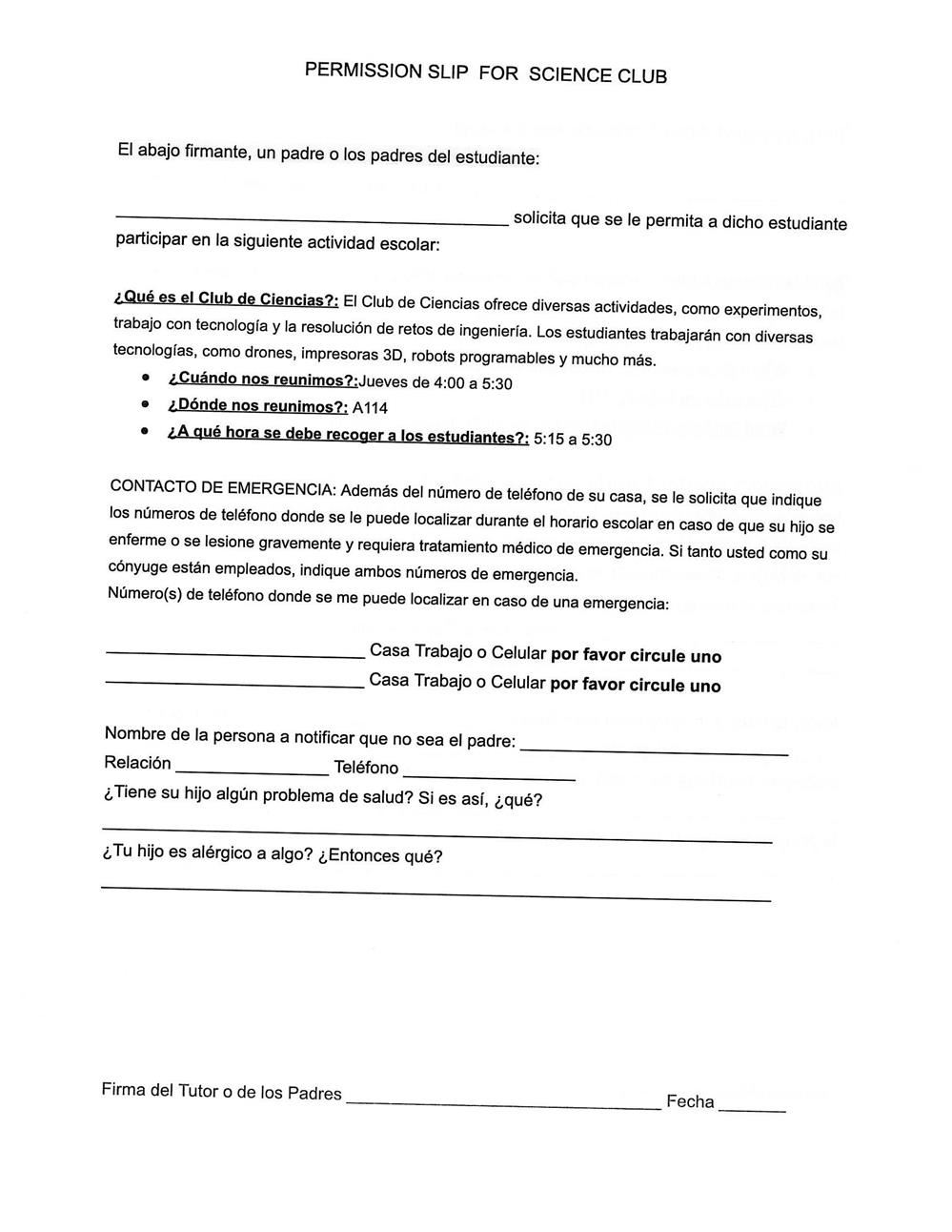 spanish Permission slip